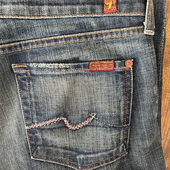 7 For All Mankind, size 30, blue denim jeans w/ pink rhinestones. - Picture 4 of 11